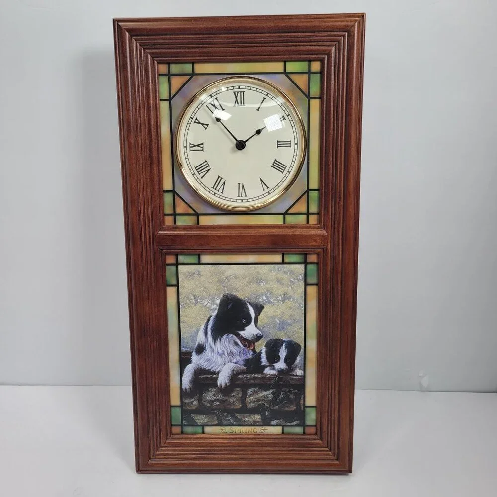 The Danbury Mint Border Collie Stained Glass Lighted Clock 4-Seasons Like New